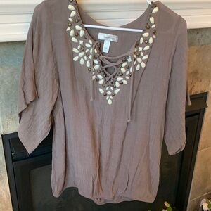dressbarn Taupe Blouse with Beaded Neckline